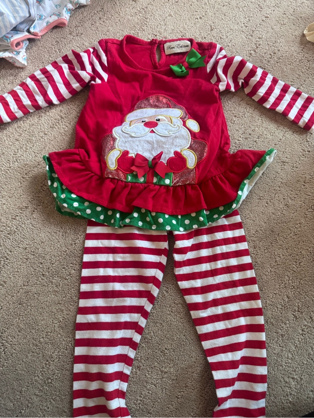 Rare Editions Red & White Santa Stripe Girls Matching Set with Green Accents